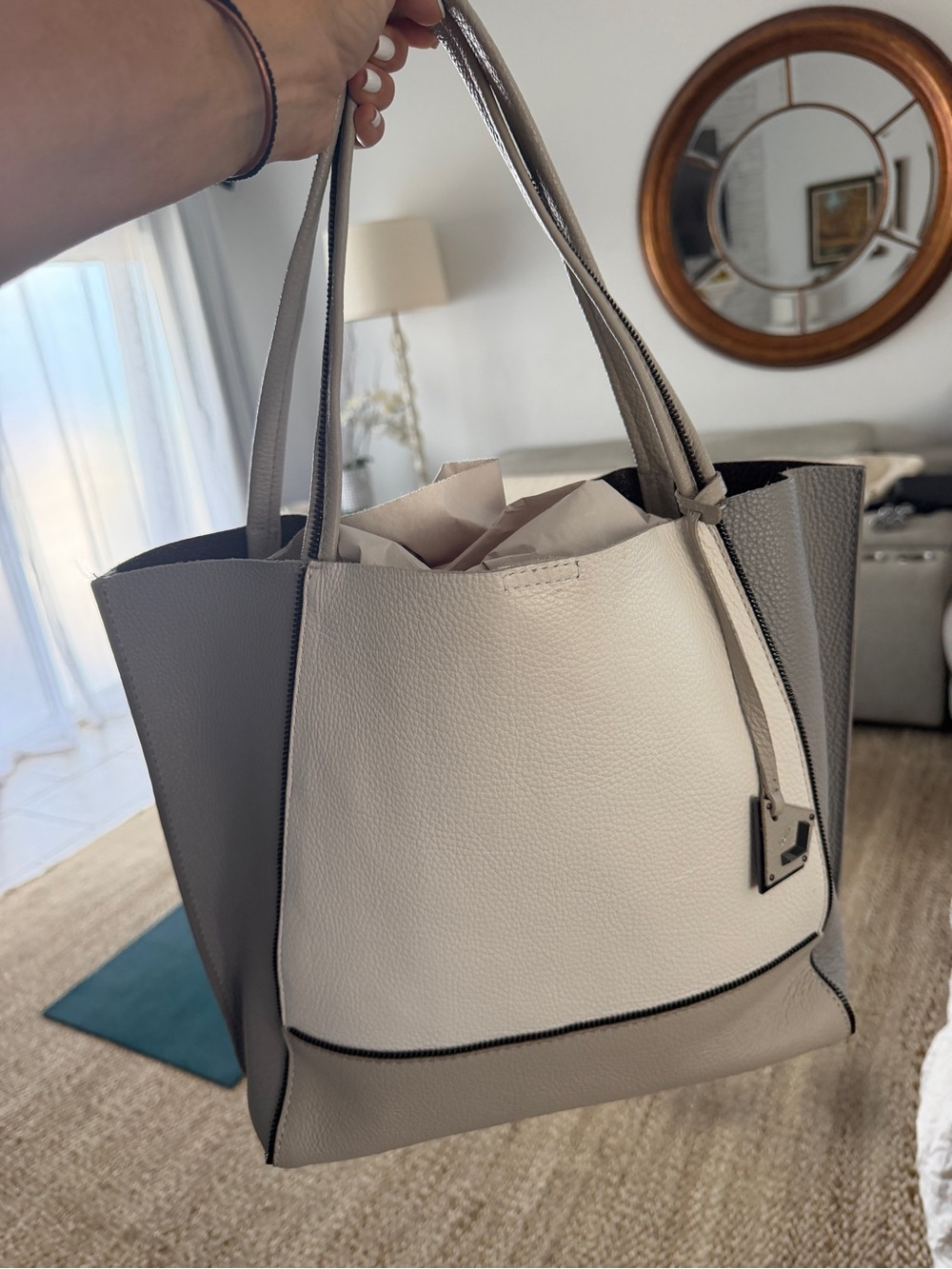 Botkier Two-Tone Pebbled Leather Tote in Gray & Cream